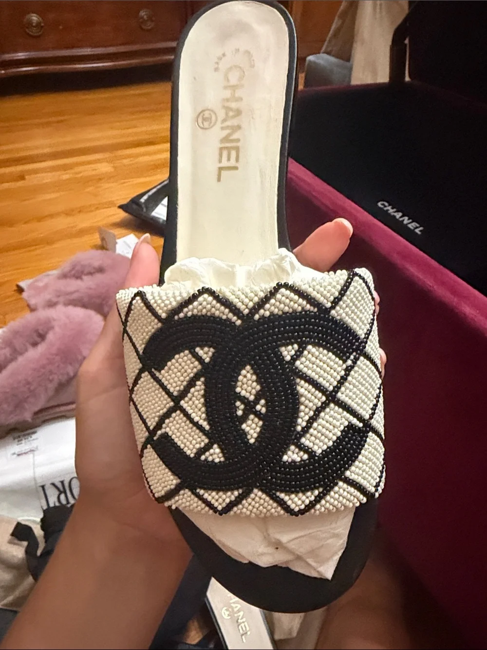 CHANEL Black & White Beaded CC Slide Mules